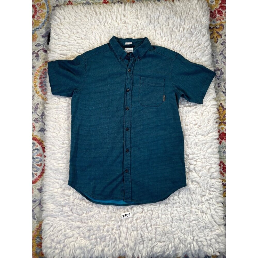 Columbia Mens Shirt Short Sleeve Sz Med Button Down Blue Striped Pocket Stretch